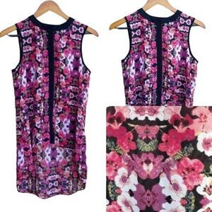 Nicole Tunic Top Sleeveless Button Down‎ Blouse Pansy Floral Pink Black Sz XS